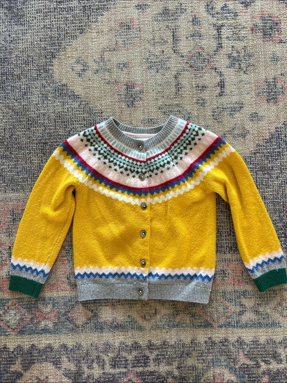 Mini Biden Yellow Fair Isle Button-Front Girl’s Sweater Cardigan